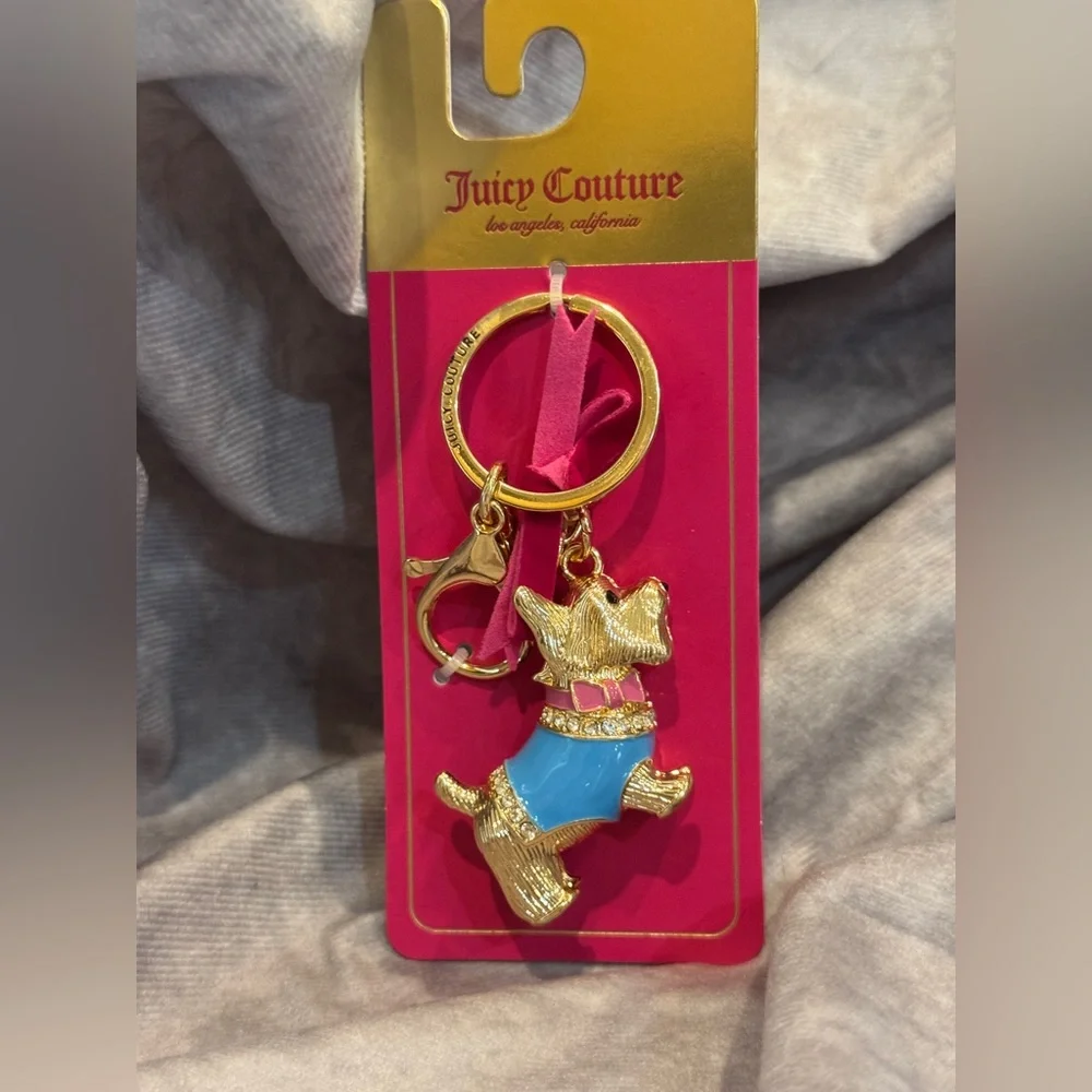 Juicy Couture Gold Keychain with Blue and Pink Scottie‎ Dog Charm NEW